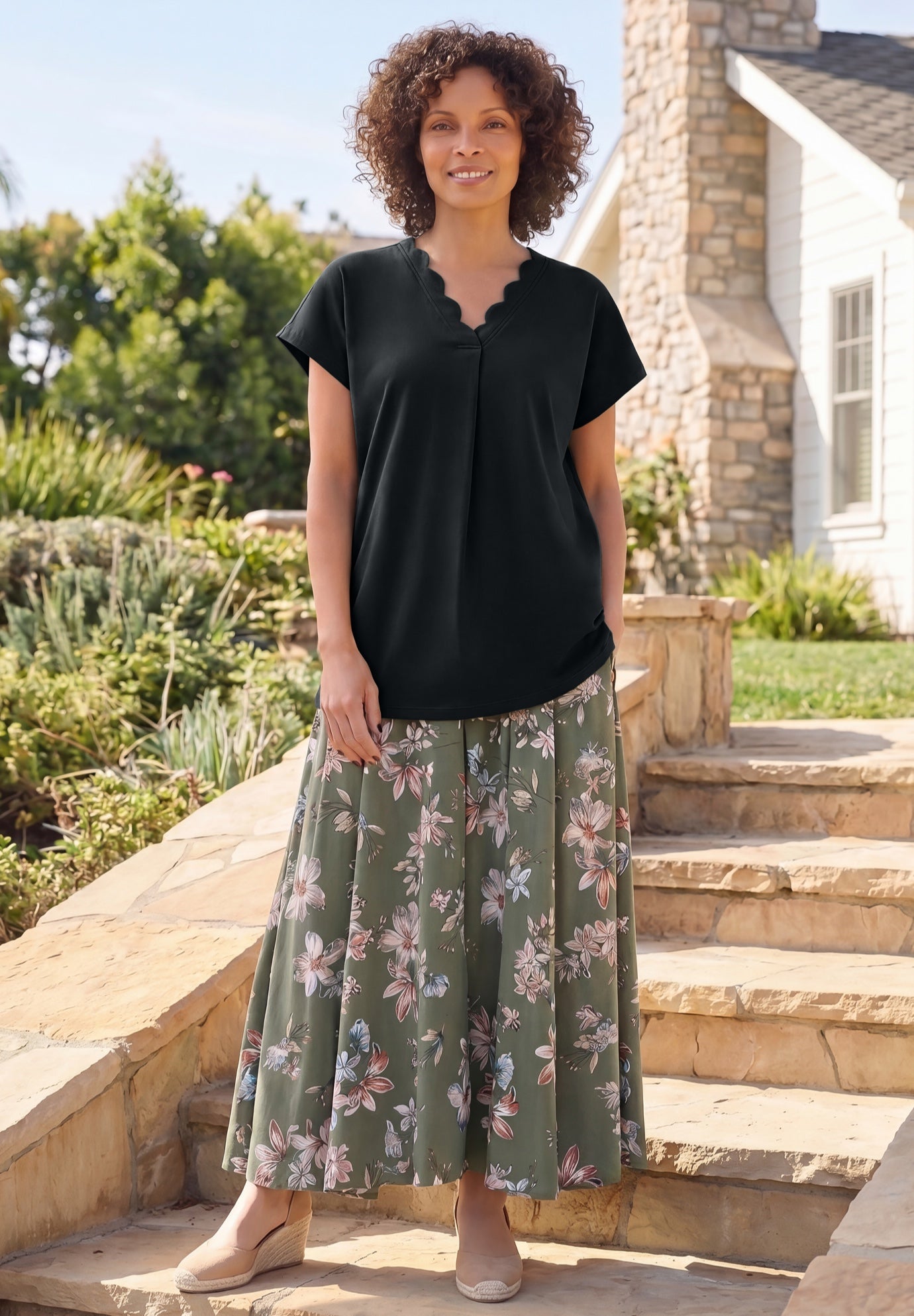 V-Neck Scallop Trim Longline Knit Tunic Top image number 0