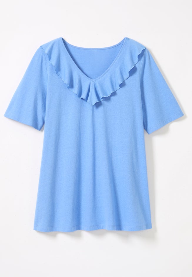 Ruffled V-Neck Short Sleeve Tee image number 1