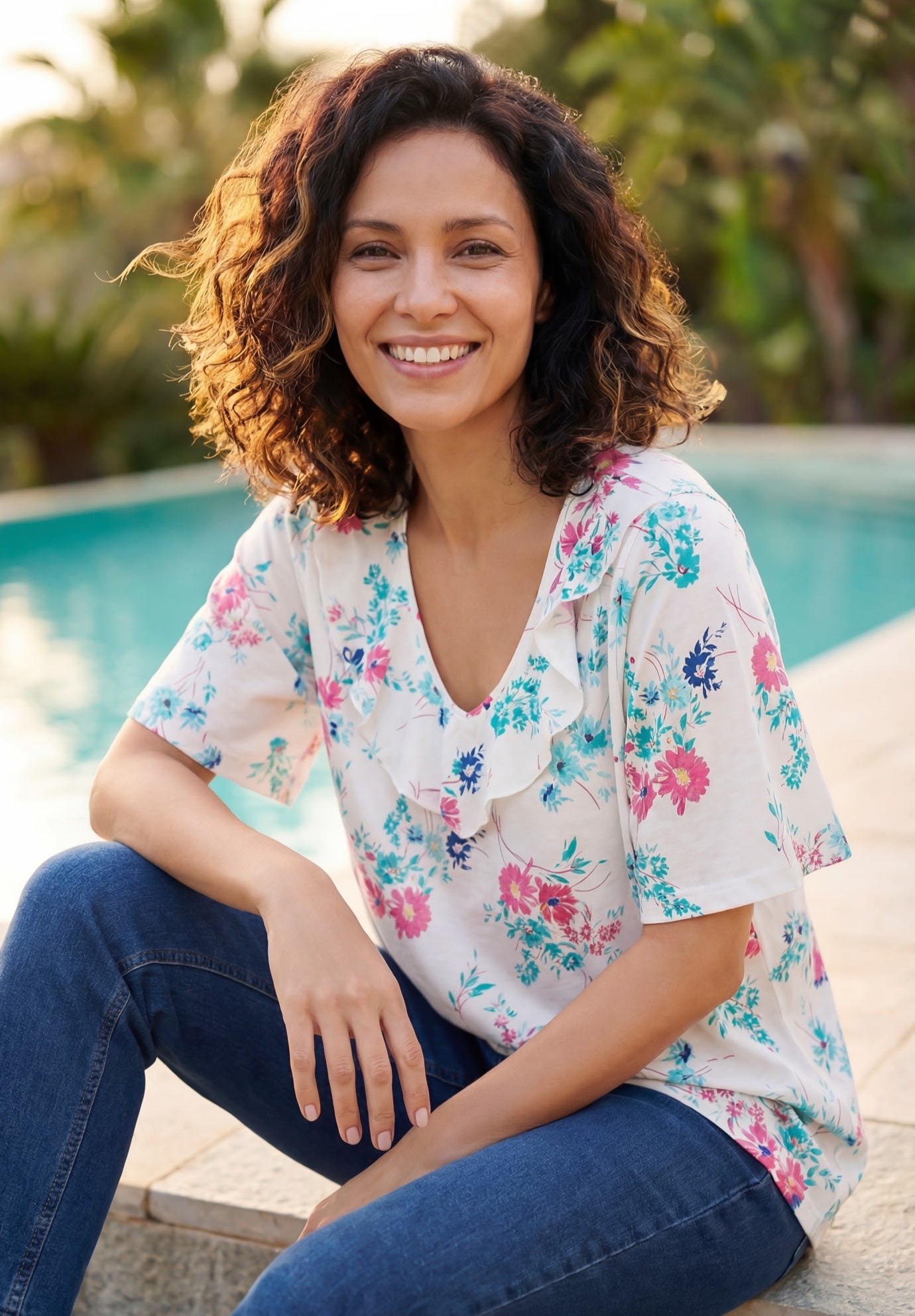 Ruffled V-Neck Short Sleeve Tee image number 0