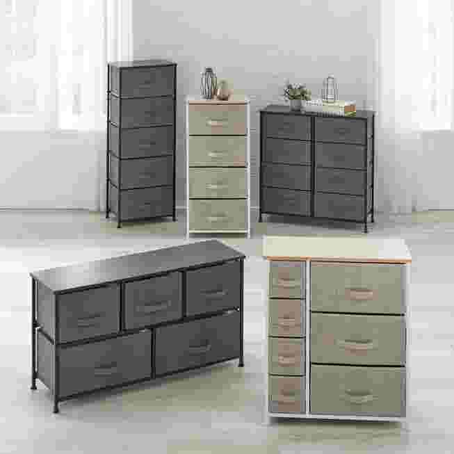 Various colored dressers and storage units