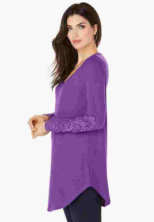 V-Neck Lace-Sleeve Thermal Tunic image number 2