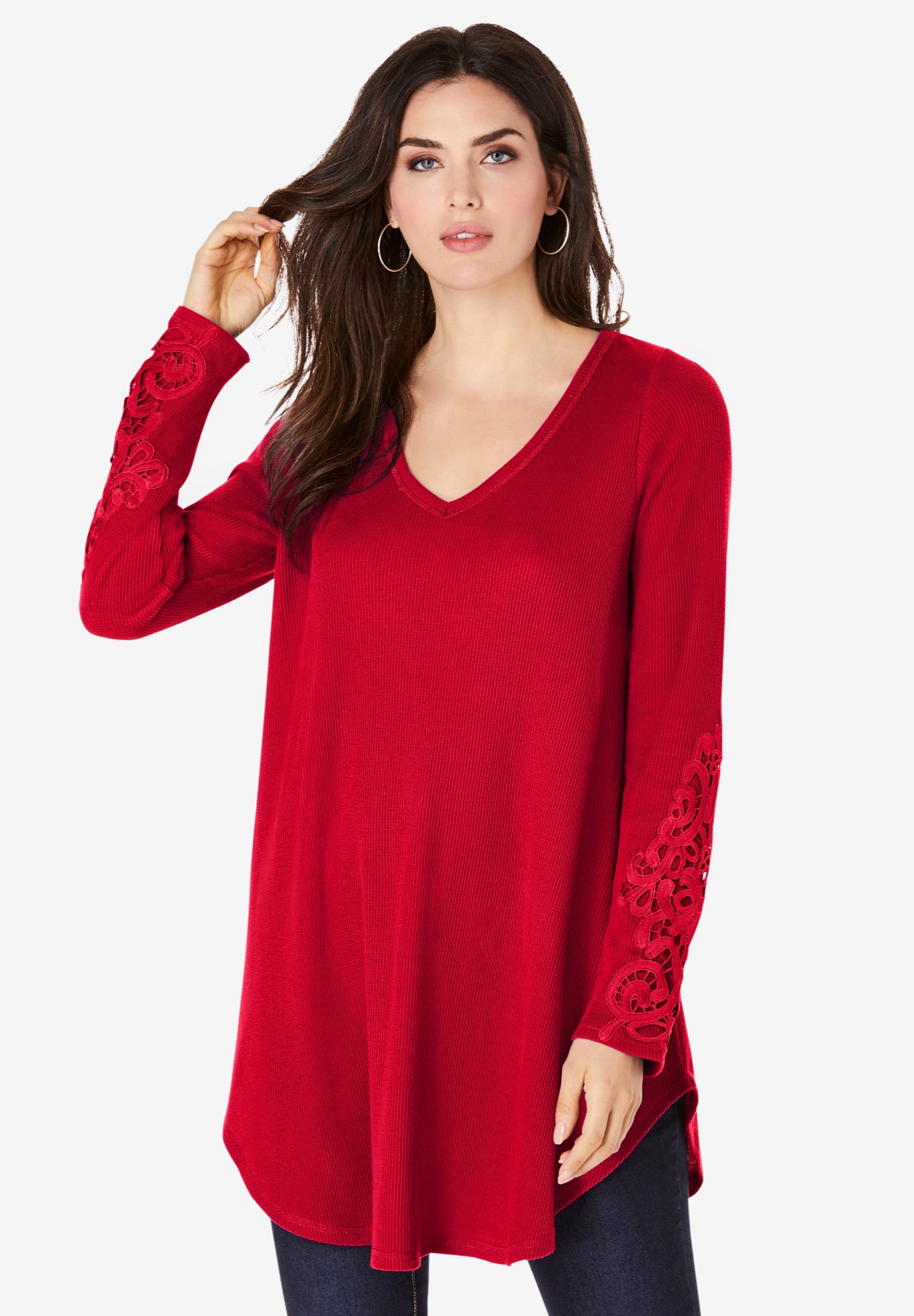 Plus Size Knit Thermal Lace Trim Tunic – Long Sleeve image number 0