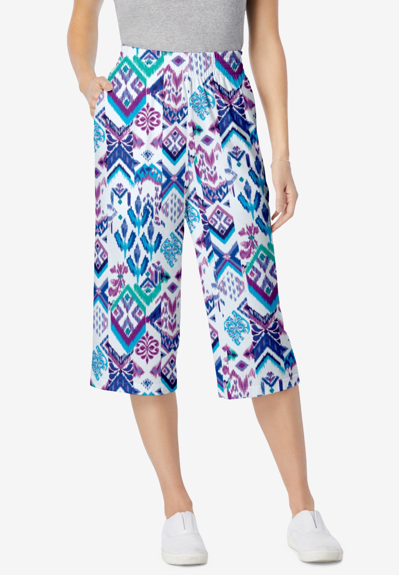 Elastic-Waist Pull-On Knit Pocket Capri Pants image number 0