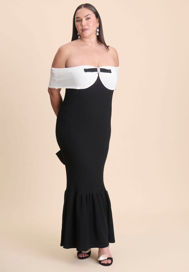 Contrast Bow Fluted Midi Dress image number 1