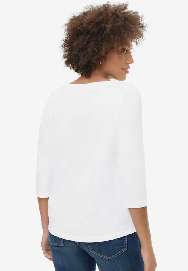 Cotton Spandex Jersey Boatneck Three-Quarter Sleeve Top image number 1