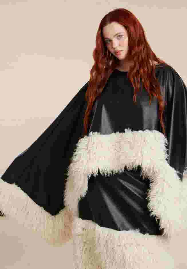 Faux Leather Cape With Faux Fur Trim image number 2