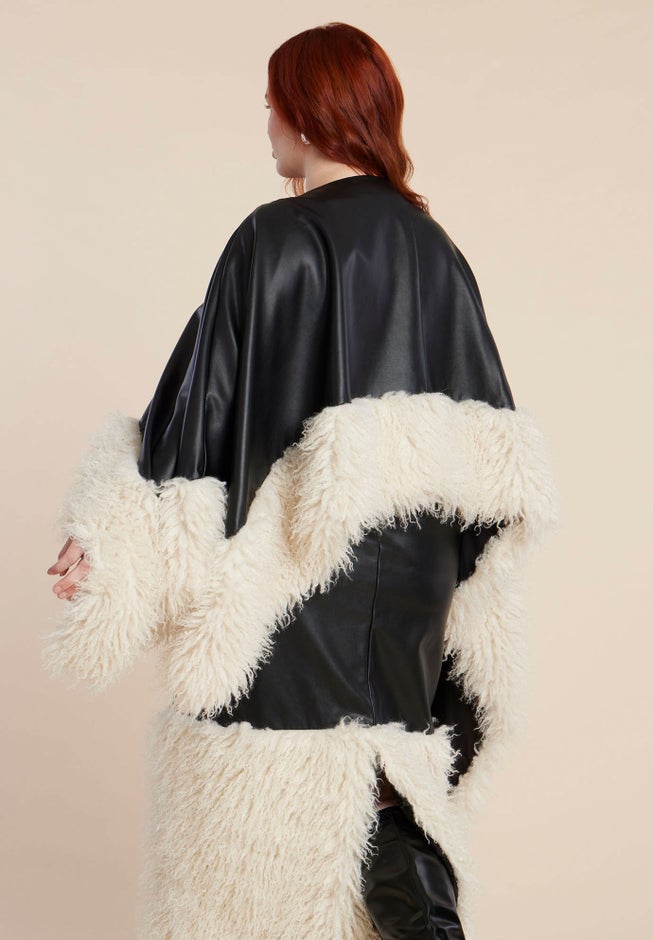 Faux Leather Cape With Faux Fur Trim image number 3