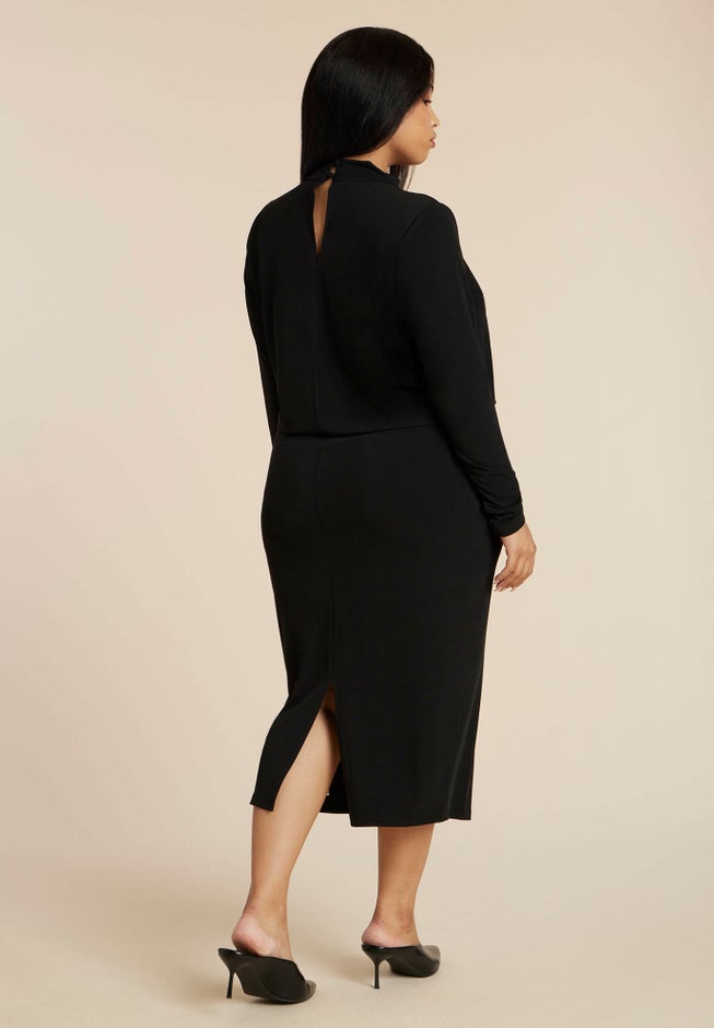 cut out long sleeve midi dress Long Sleeve V Neck Ribbed Side Cutout Slit Midi Dress Black Small