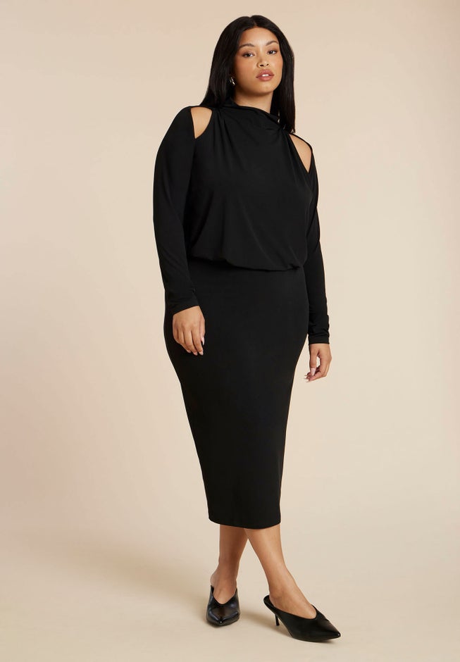cut out midi dress long sleeve Long Sleeve V Neck Ribbed Side Cutout Slit Midi Dress Black Small