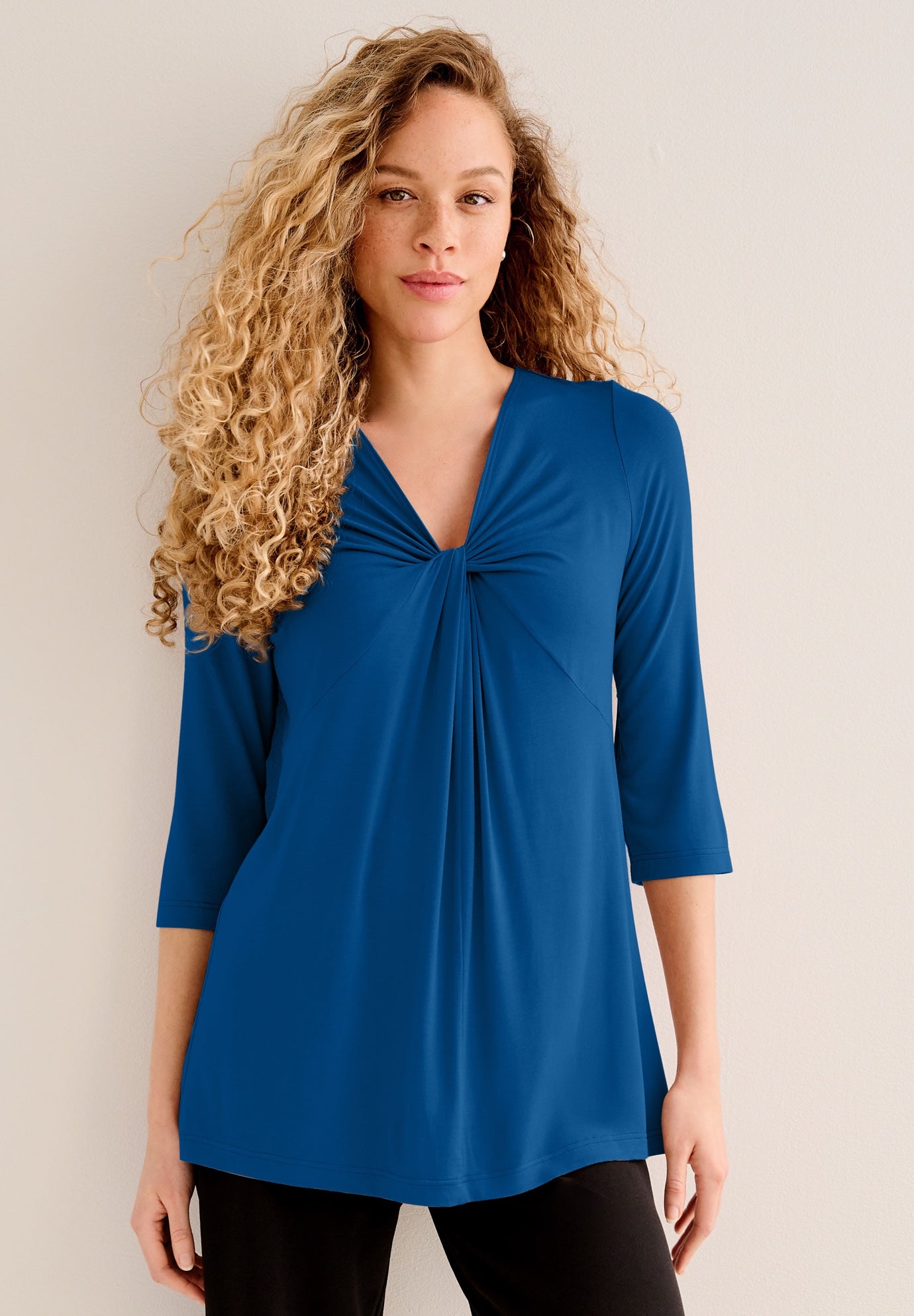 Stretch Knit V-neck 3/4 Sleeve Knot Front Tunic image number 0