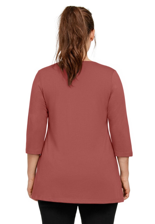 Stretch Knit V-neck 3/4 Sleeve Knot Front Tunic image number 1