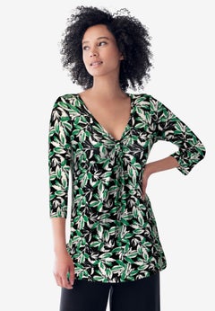Stretch Jersey Knit V-Neck Three-Quarter Sleeve Knot Front Tunic