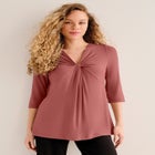Stretch Knit V-neck 3/4 Sleeve Knot Front Tunic image number null