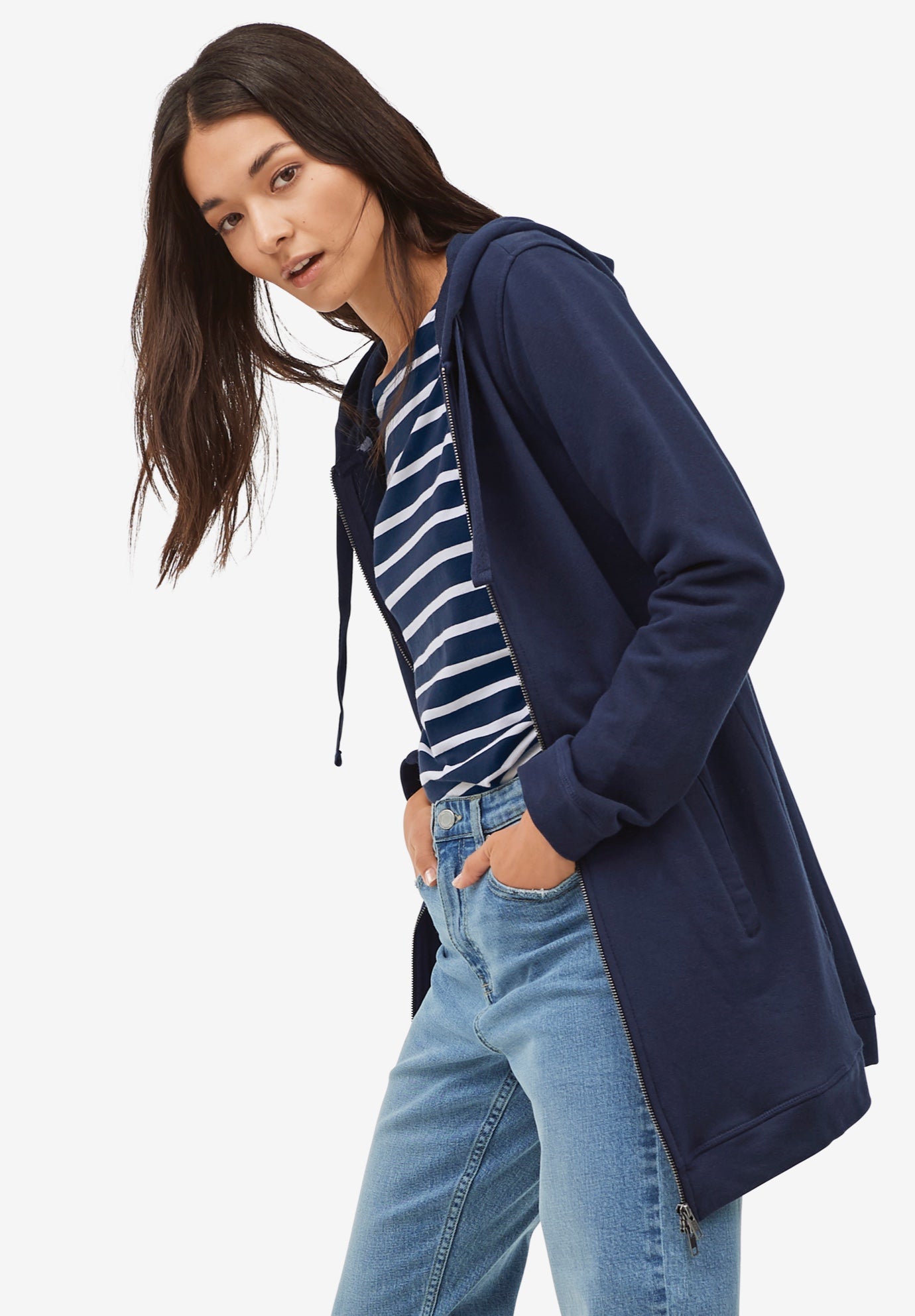 French Terry Long Sleeve Zip-Front Tunic Hoodie image number 2