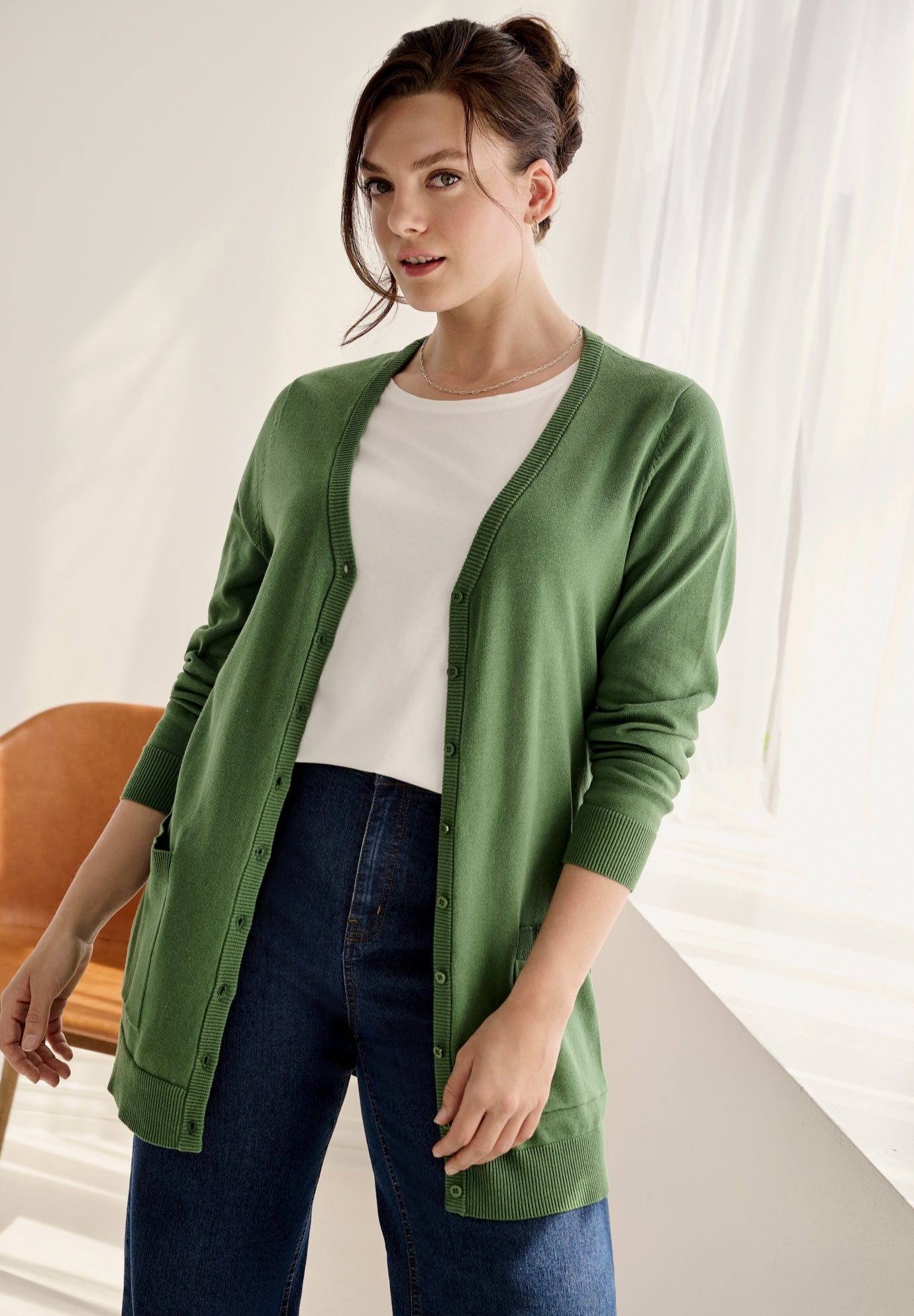 V-Neck Button-Front 100% Cotton Boyfriend Cardigan image number 0
