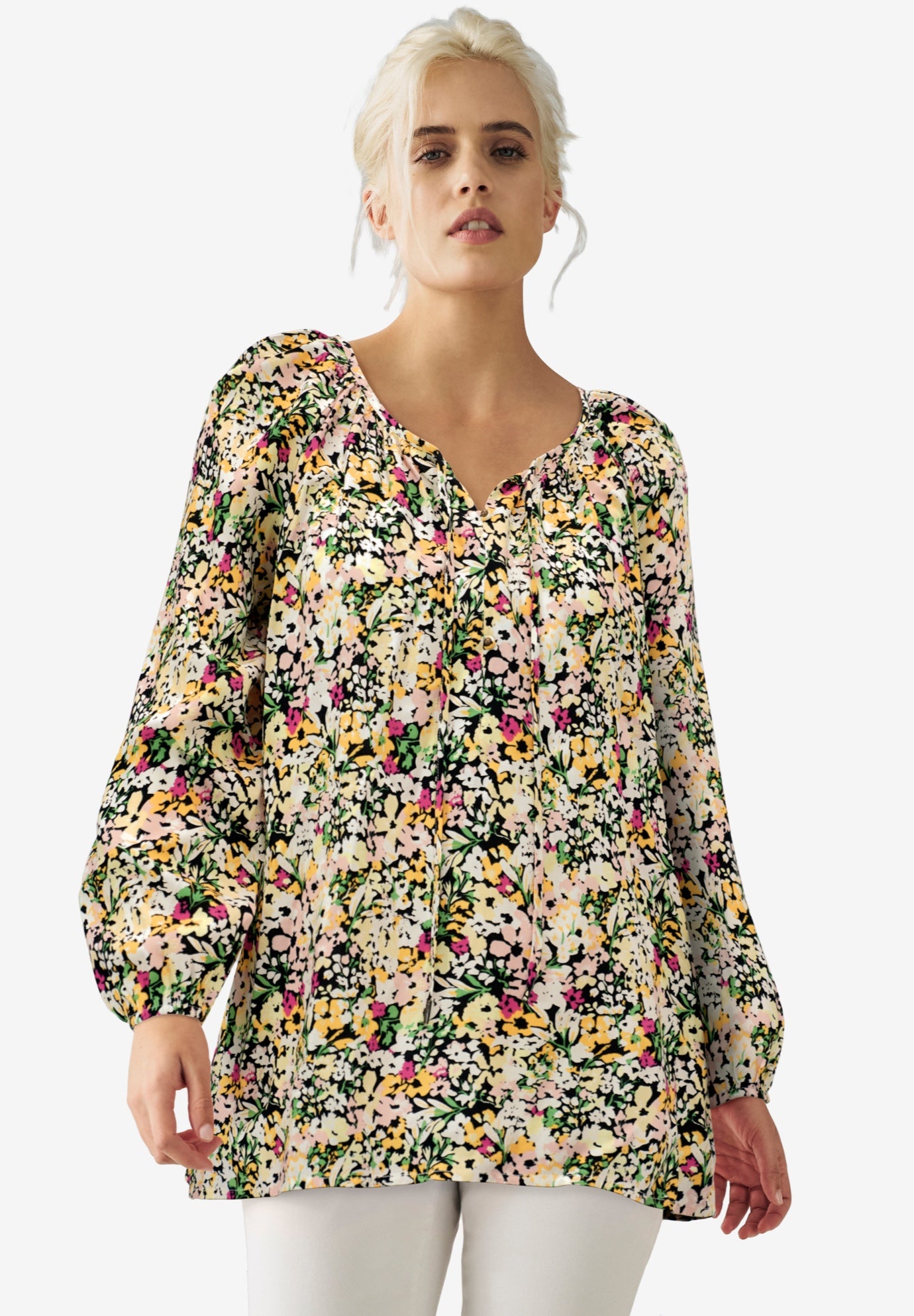 A-Line Long Sleeve Peasant Tunic with Tie-Neck Keyhole Neckline image number 0