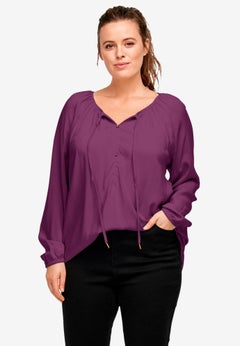 A-Line Long Sleeve Peasant Tunic with Tie-Neck Keyhole Neckline