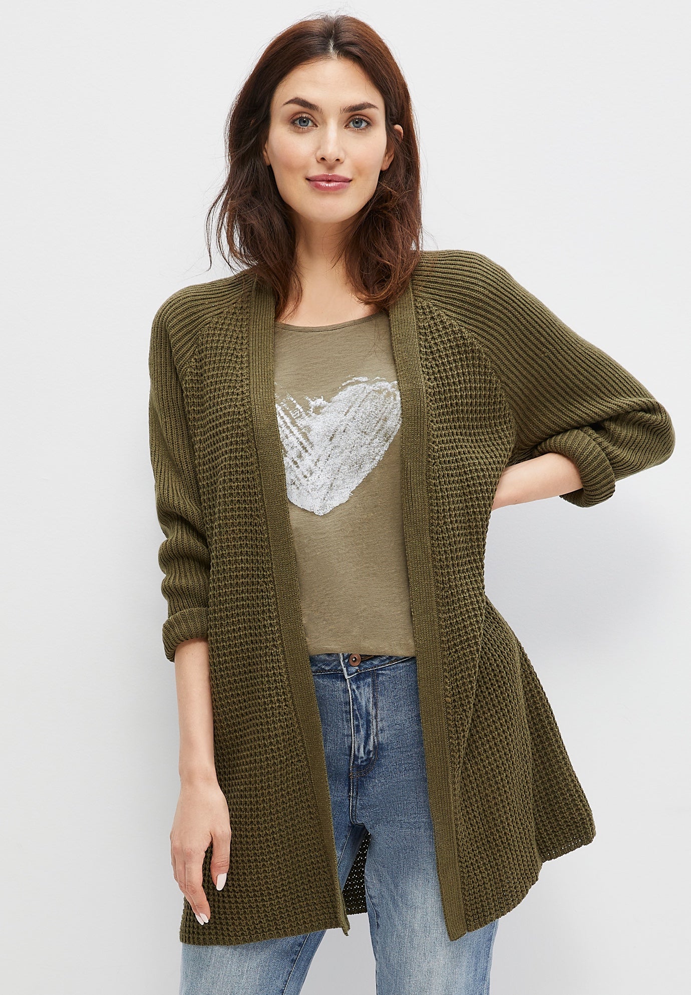 Open Front Long Ribbed Sleeve Waffle Cardigan image number 0