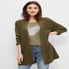 Open Front Long Ribbed Sleeve Waffle Cardigan image number null