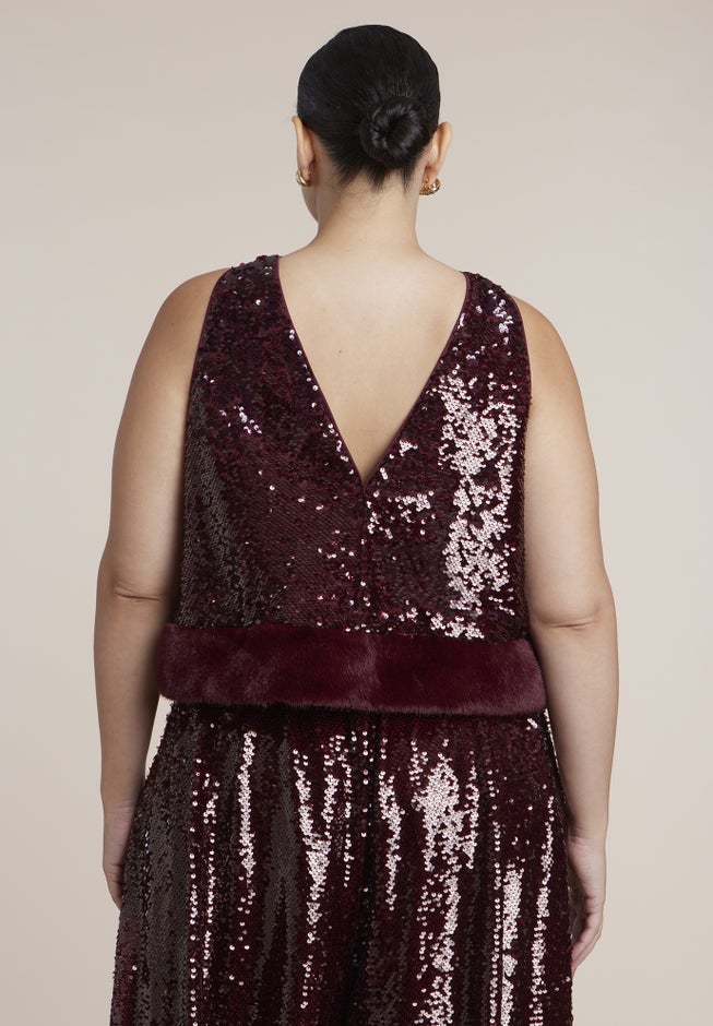Faux Fur-Trim Sequin Top image number 1