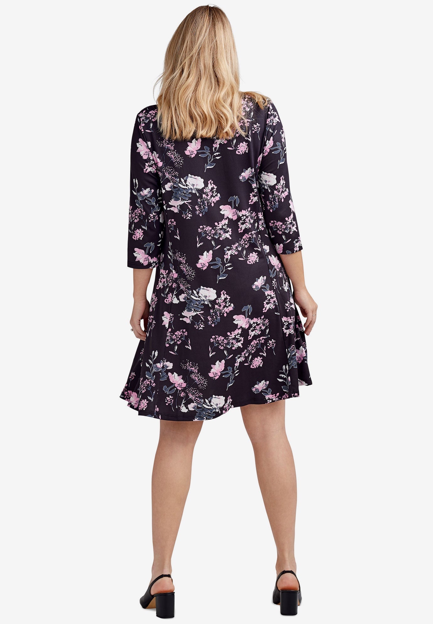 Stretch Knit Scoop Neck 3/4 Sleeve A Line Dress image number 1