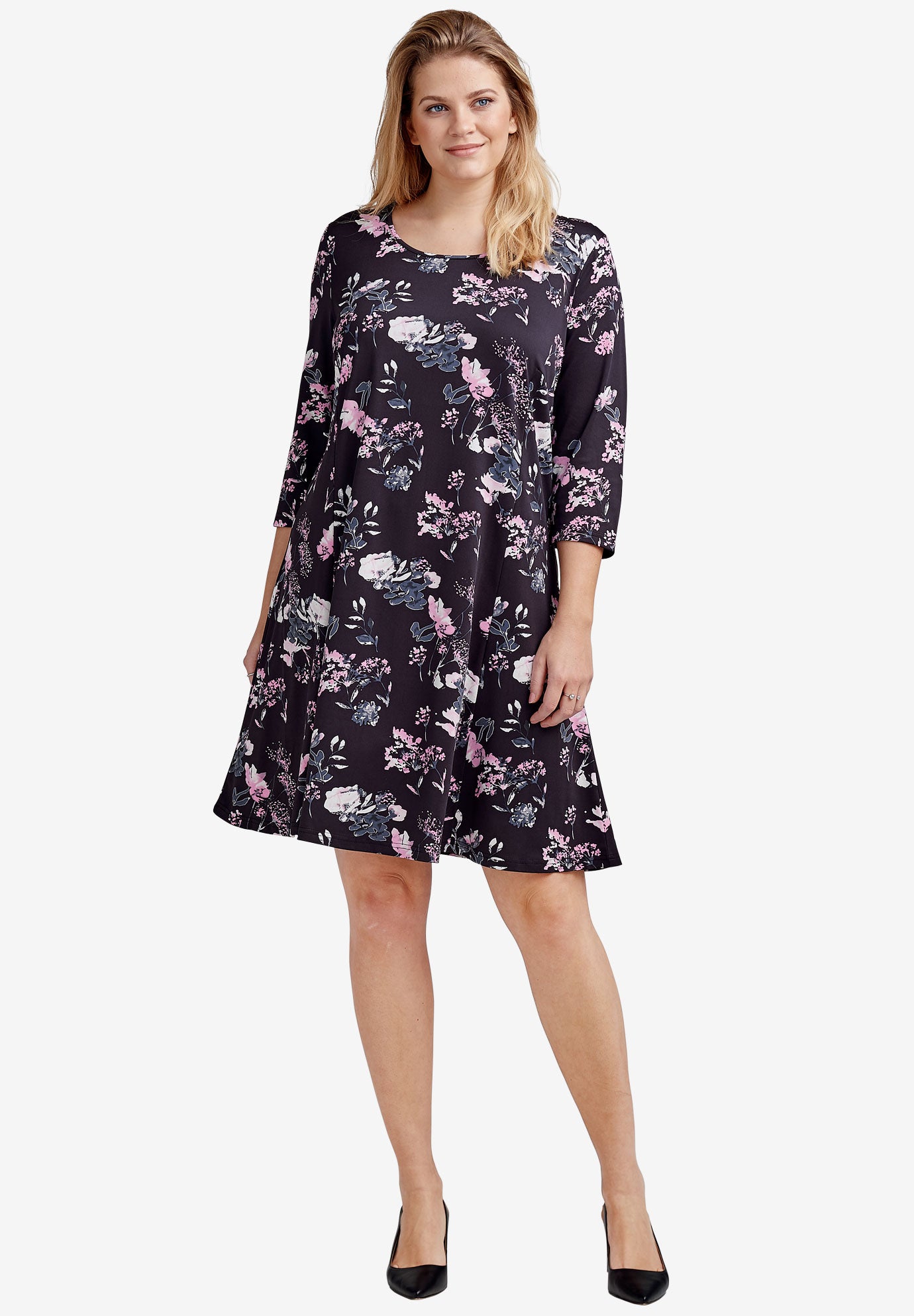 Stretch Knit Scoop Neck 3/4 Sleeve A Line Dress image number 0