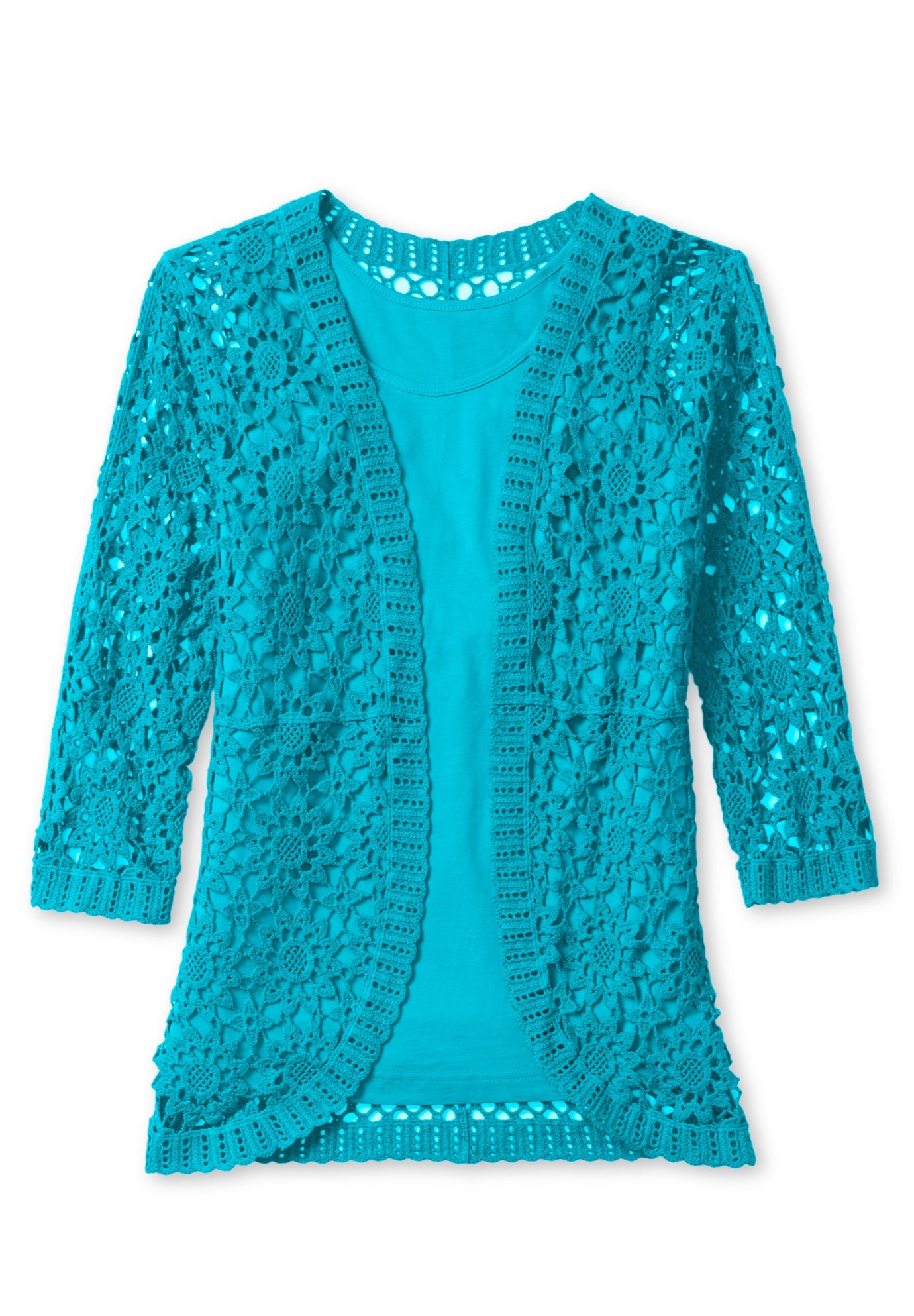 Crochet Curved-Hem Cardigan Sweater image number 1