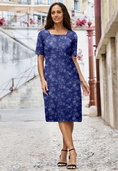 Stretch Cotton Square Neck Midi Dress