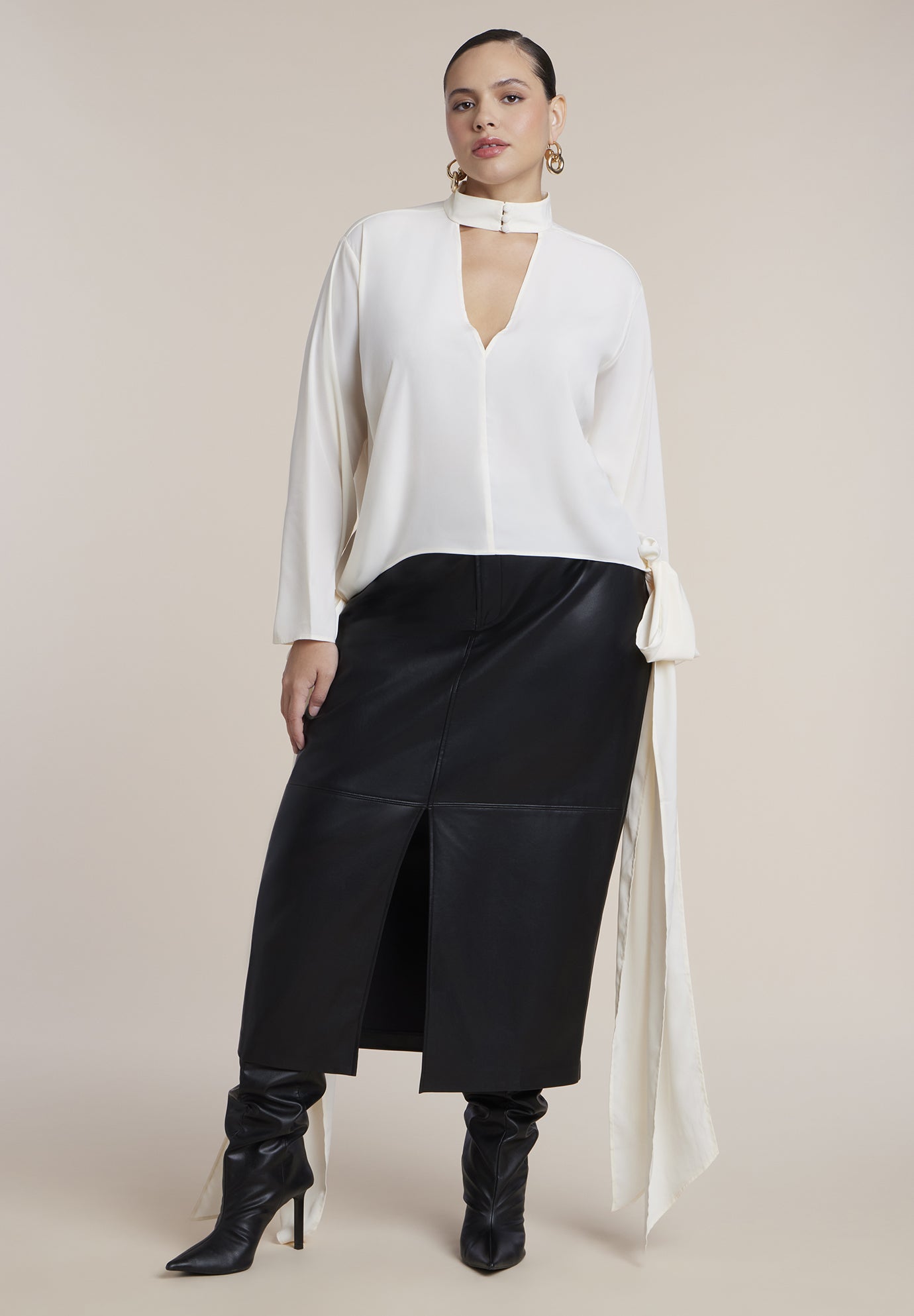 Mock Neck Blouse With Draped Ties image number 2