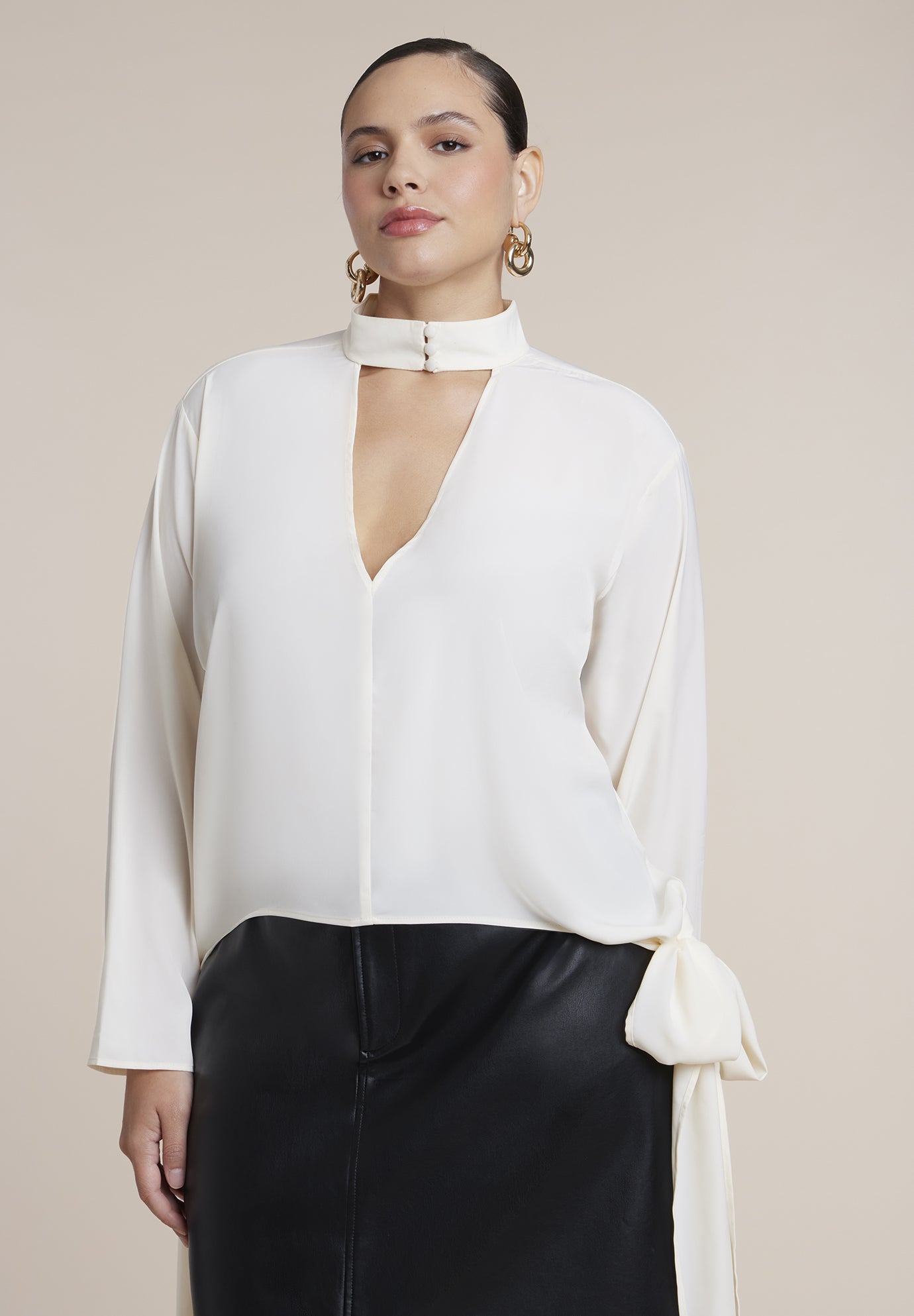Mock Neck Blouse With Draped Ties image number 0