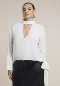 Mock Neck Blouse With Draped Ties