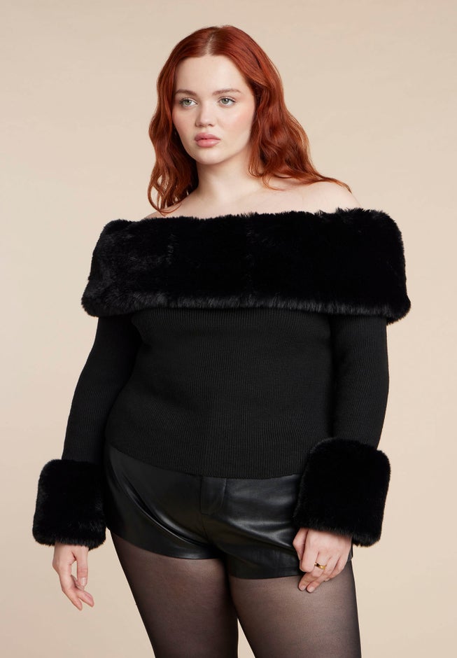Faux Fur Off The Shoulder Sweater image number 1