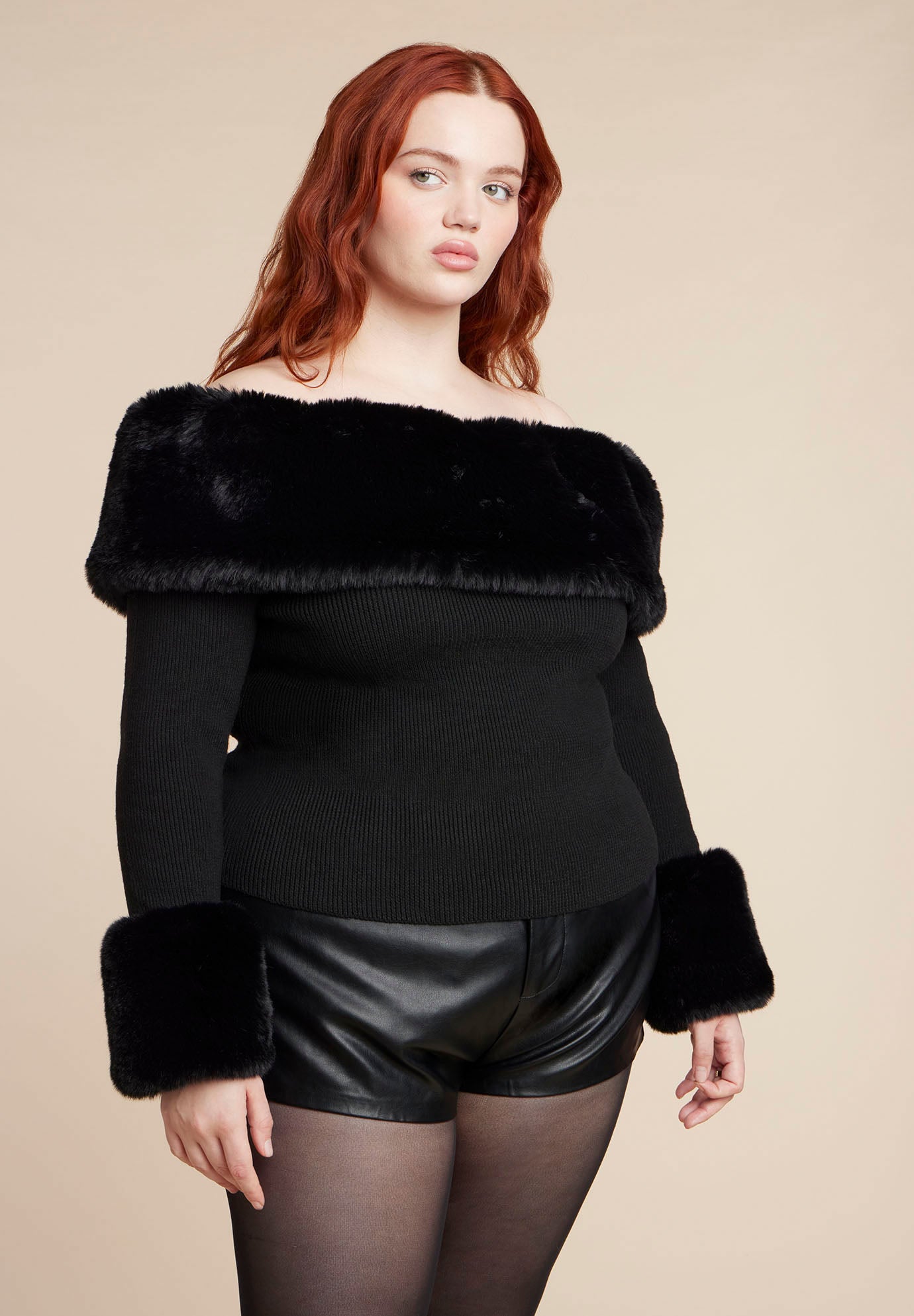 Faux Fur Off The Shoulder Sweater image number 2