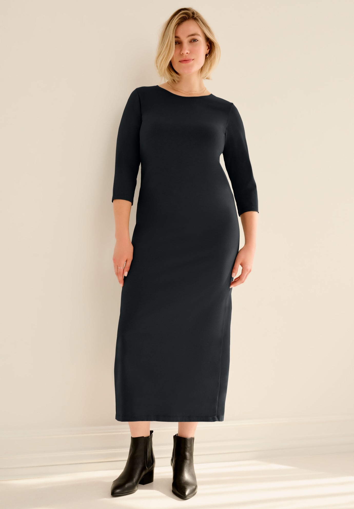 Cotton Spandex Crew Neck 3/4 Sleeve Maxi Dress image number 0