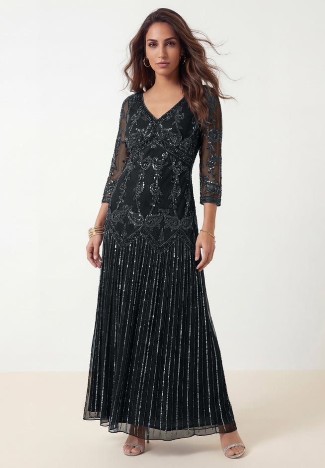 Plus Size Beaded V-Neck 3/4 Sleeve Sleeve Maxi Gown | OneStopPlus Plus Size Beaded V-Neck 3/4 Sleeve Sleeve Maxi Gown | OneStopPlus