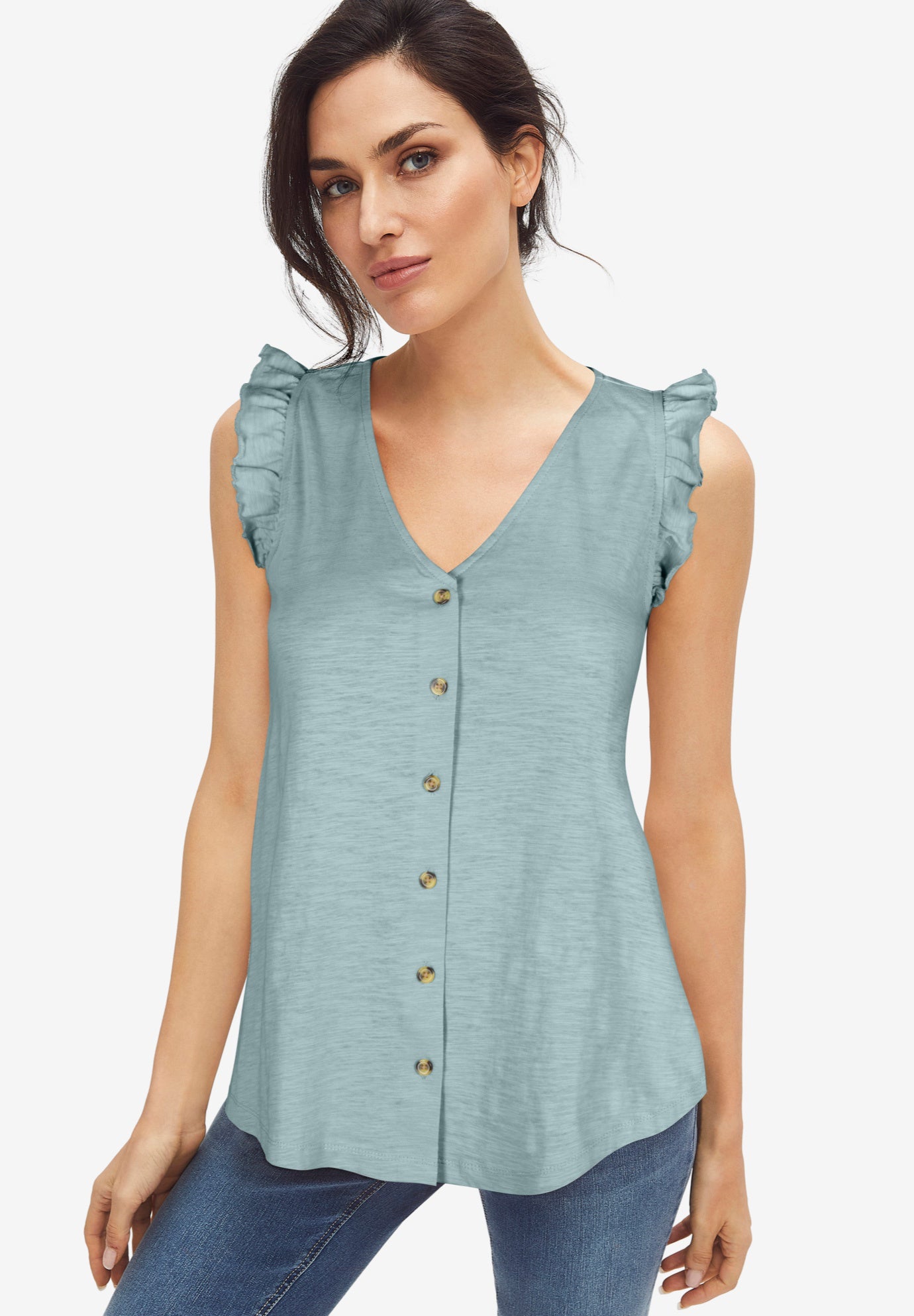 Button-Front Ruffle Sleeve Tank image number 0