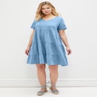 Cotton Spandex Scoop Neck Short Sleeve Tiered A Line Dress image number null
