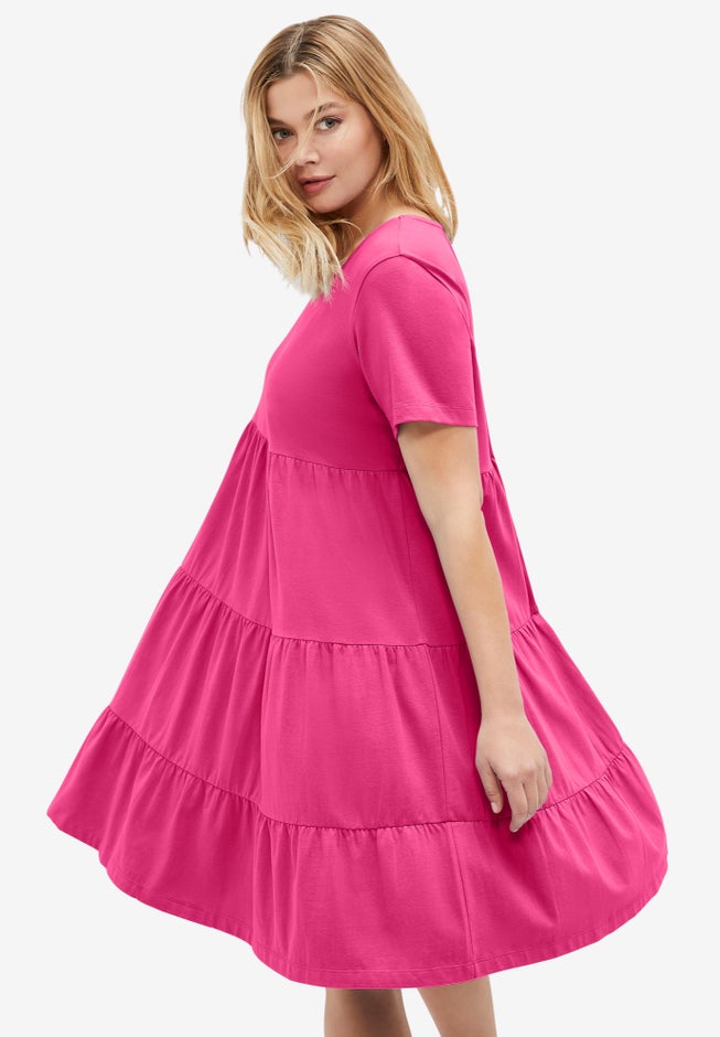 Cotton Spandex V-Neck Short Sleeve Tiered A-Line Dress image number 1