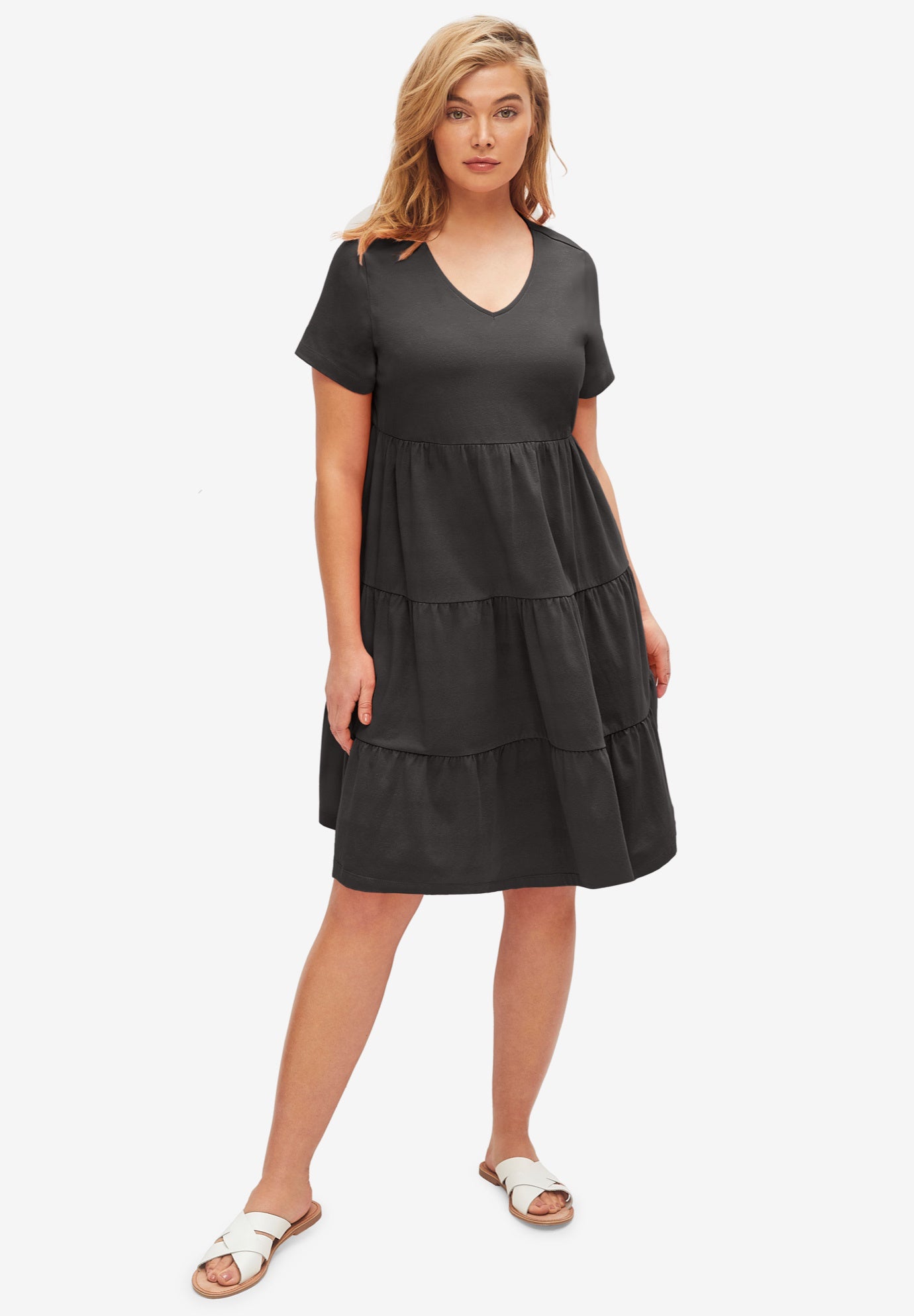 Cotton Spandex Scoop Neck Short Sleeve Tiered A Line Dress image number 0