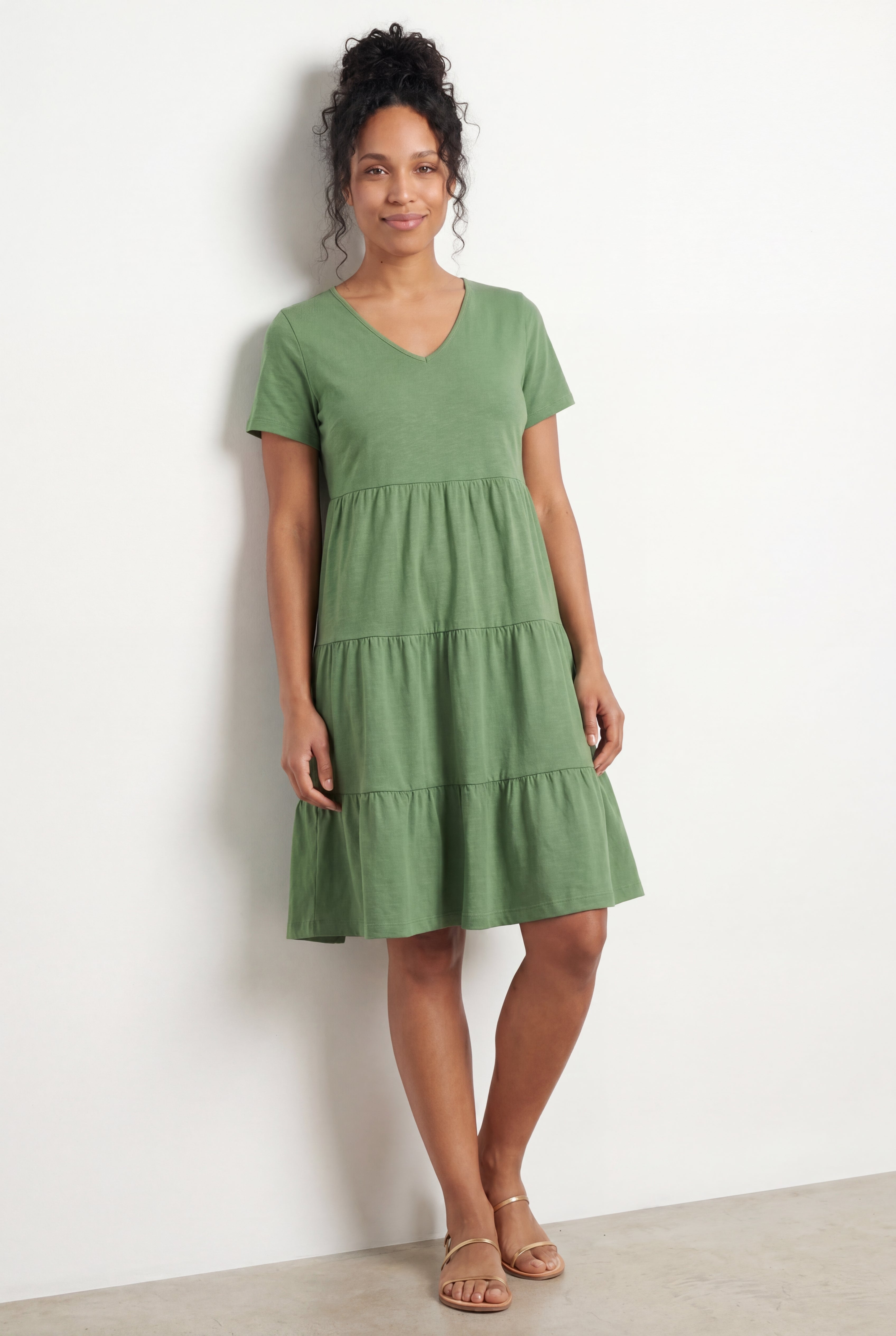 Cotton Spandex V-Neck Short Sleeve Tiered A-Line Dress image number 0