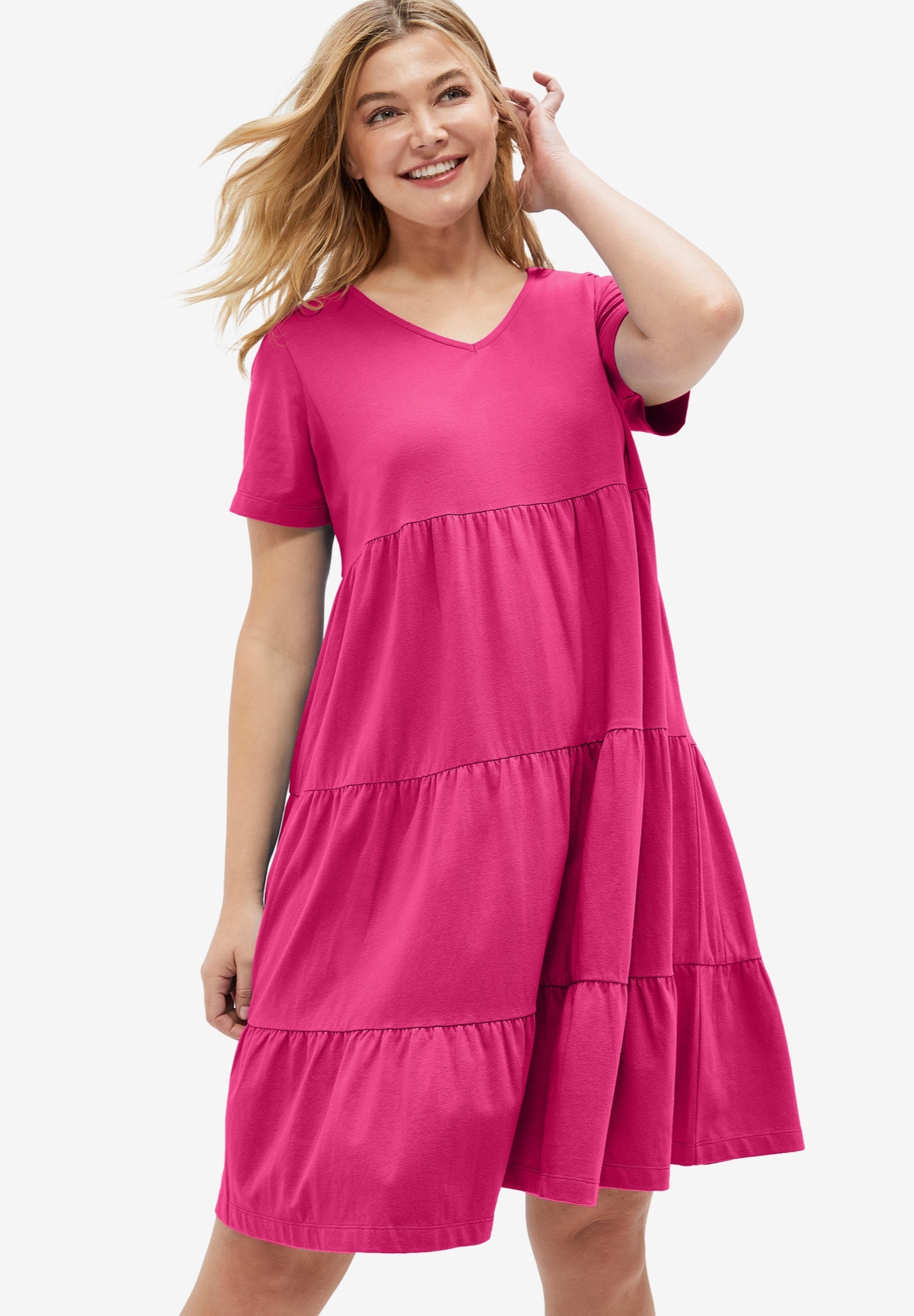 Cotton Spandex V-Neck Short Sleeve Tiered A-Line Dress image number 0