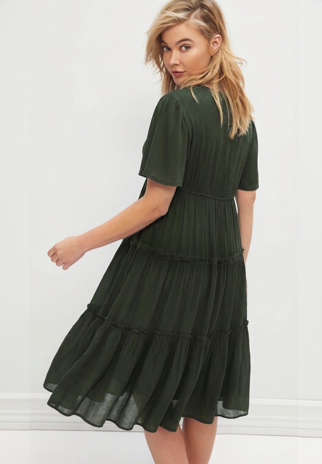 Crinkle Crepe V-Neck Faux Wrap Tiered Midi Dress image number 1