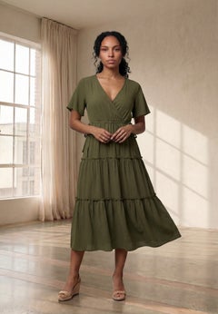 Crinkle Crepe V-Neck Faux Wrap Tiered Midi Dress