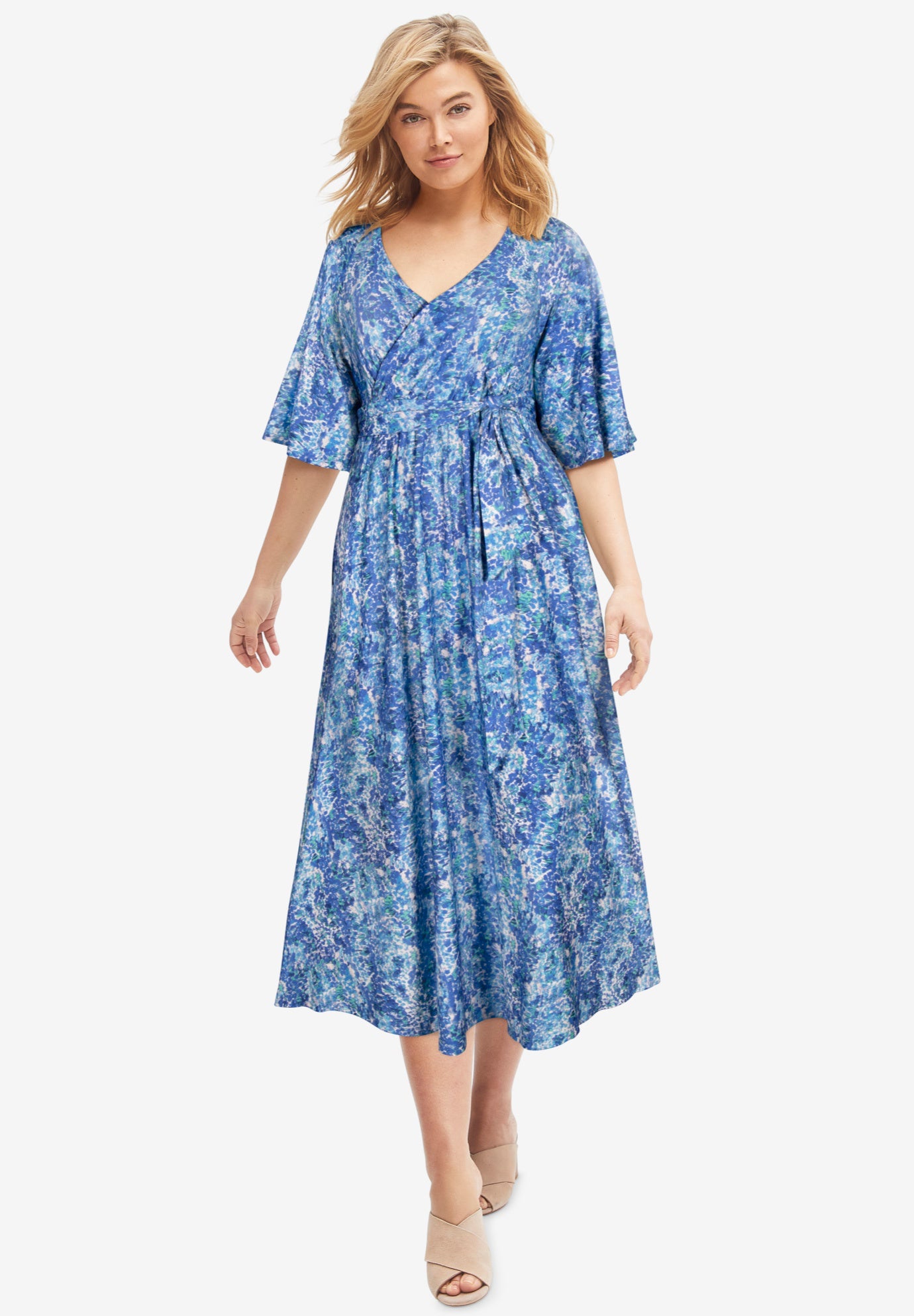 Knit Midi Dress With Surplice Neckline & Waist Tie image number 0