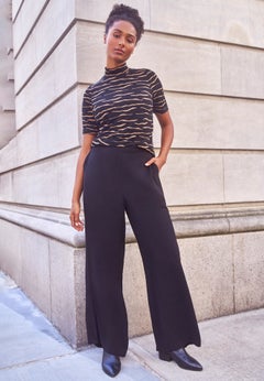 Wide-Leg Back Elastic Flat Front Soft Pants