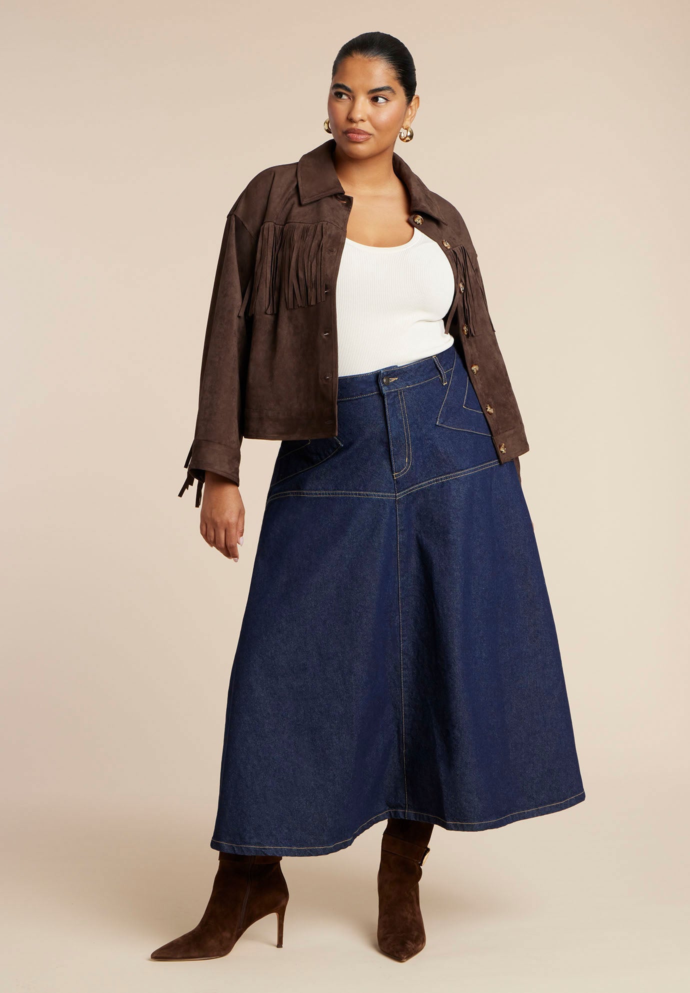 Denim Maxi Skirt With Seam Detail image number 1