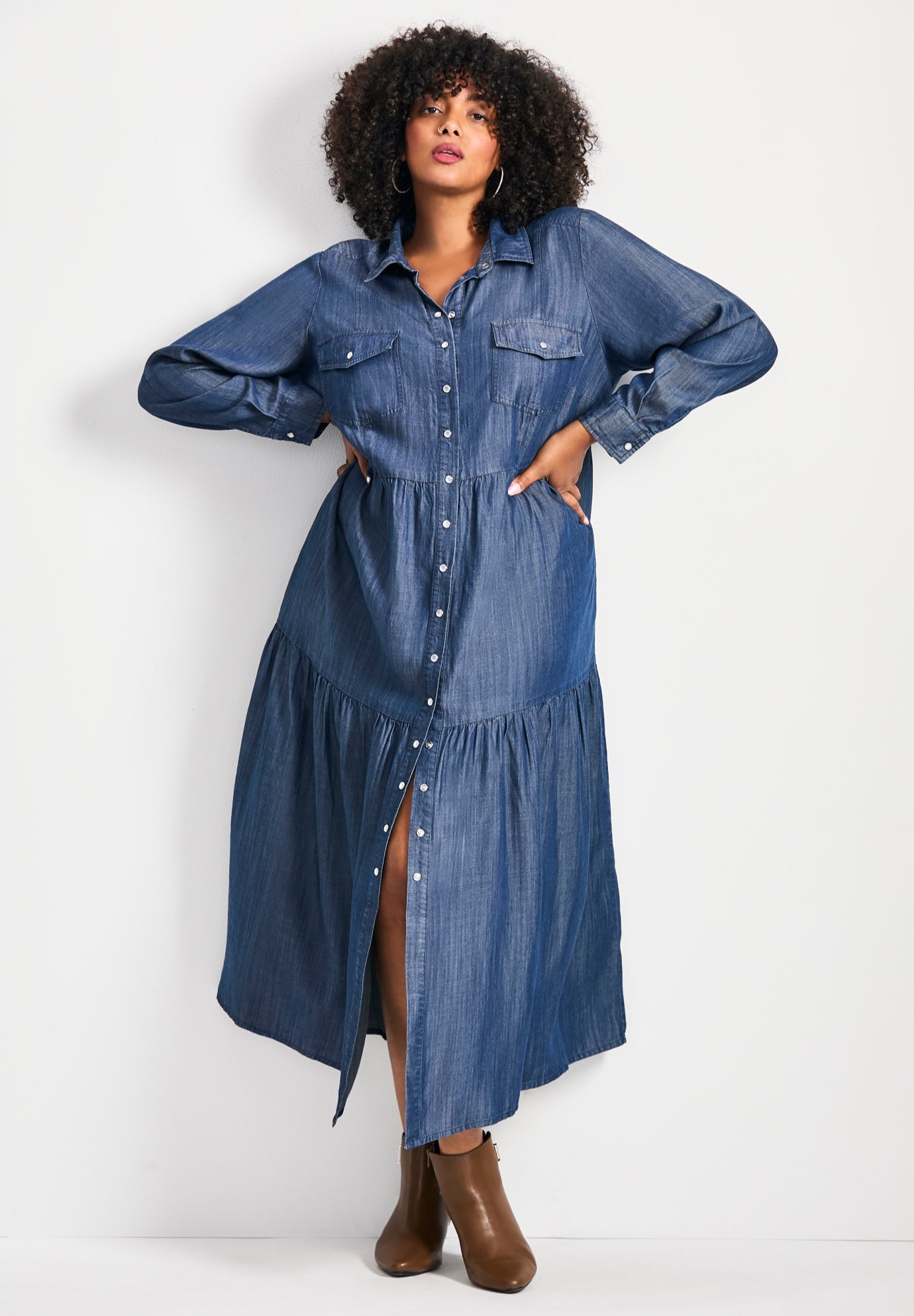 Denim Tiered Shirtdress image number 0