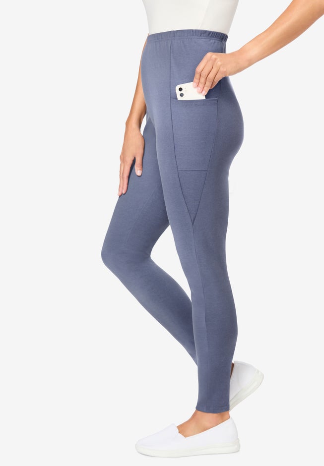 Side Pocket Ankle-Length Pull-On Stretch Knit Cotton Spandex Leggings image number 2