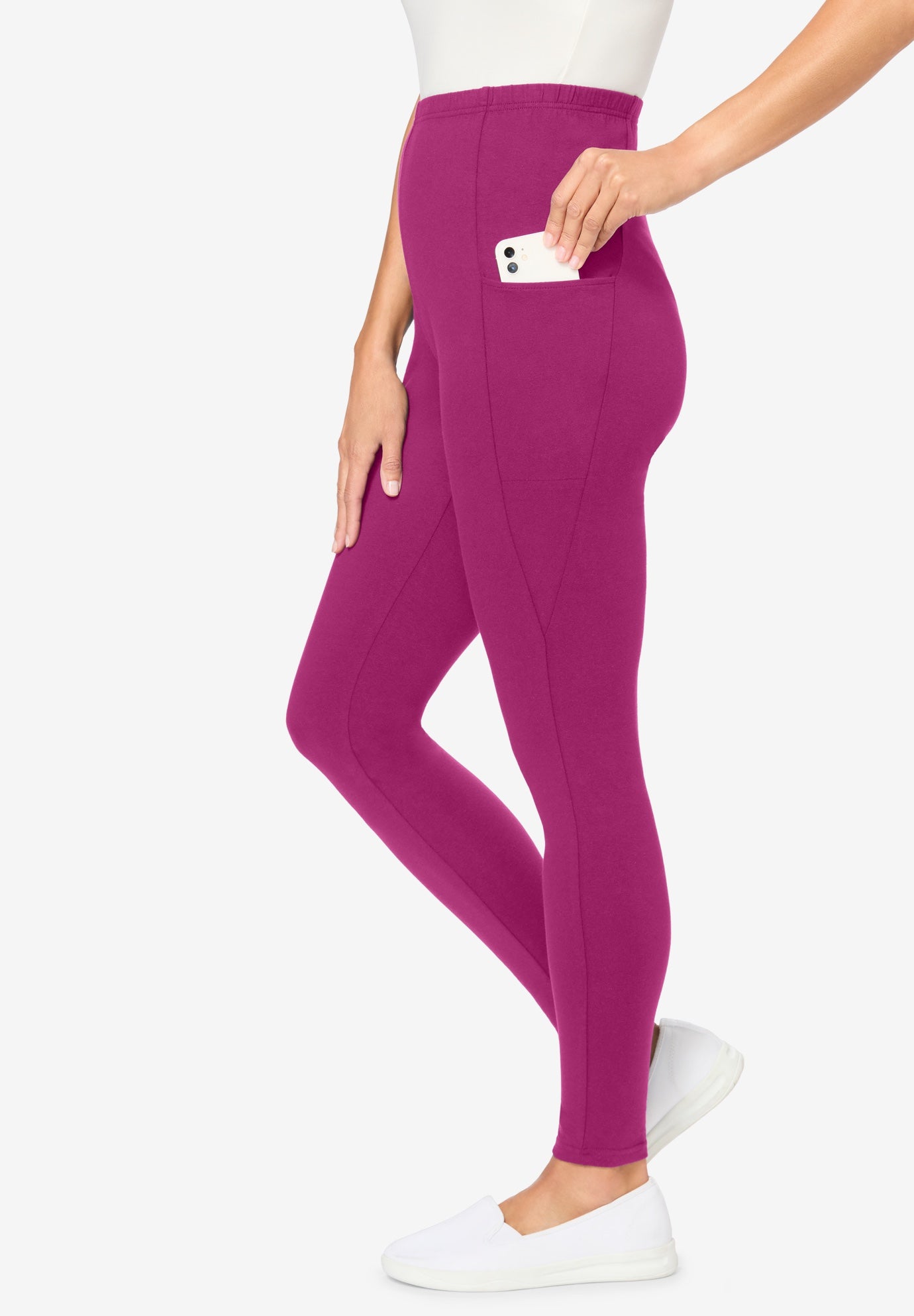 Side Pocket Ankle-Length Pull-On Stretch Knit Cotton Spandex Leggings image number 2