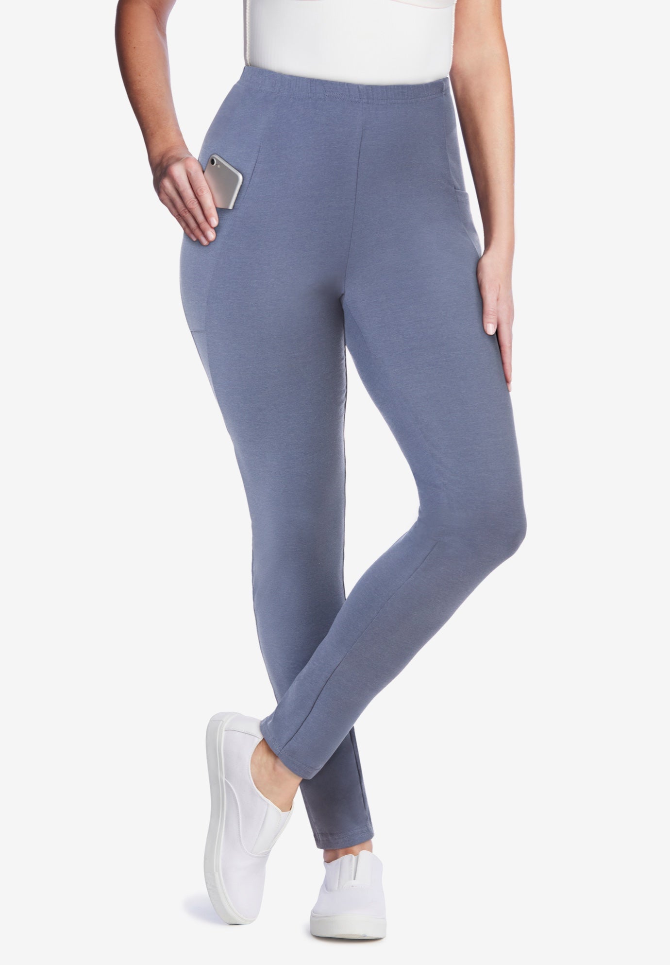 Side Pocket Ankle-Length Pull-On Stretch Knit Cotton Spandex Leggings image number 0